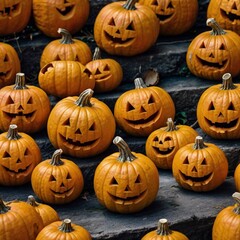 Halloween pumpkins on a black stairs,decorated halloween garden with carved orange pumpkins