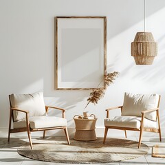 Harmonious blend of comfort and style, featuring two arm chairs in a modern living room setting a prominent framed poster on a white wall.
