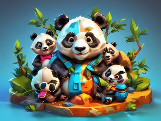 Design a 3D cartoon illustration of a panda family, featuring playful and colorful characters.
