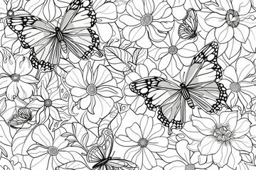 Mindfulness Coloring: Butterflies and Flowers Seamless Pattern Page | Coloring page for relaxation and creativity, ideal for stress relief coloring for both toddlers and adults.
