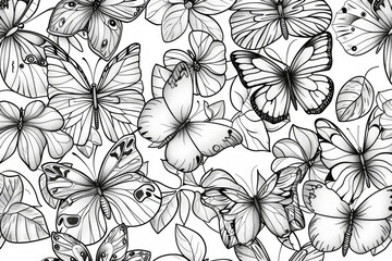 Mindfulness Coloring: Butterflies and Flowers Seamless Pattern Page | Coloring page for relaxation and creativity, ideal for stress relief coloring for both toddlers and adults.
