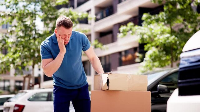 The young Caucasian man is carefully handling a damaged cardboard box