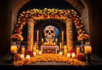 a day of the dead skull is surrounded by candles and flowers archway on the altar