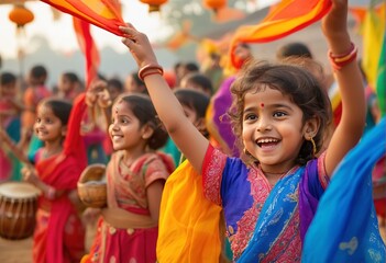 Fototapeta premium Indian children dance at a carnival to celebrate India's Independence Day. Ugadi or Gudi Padwa celebration. Hindu New Year.