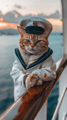 yellow cat dressed like a sailor in a white and dark blue uniform was leaning against the railing...