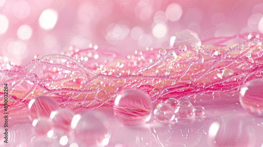 Poster close-up of a pink background with many bubbles of water at the bottom and a pink background with nu