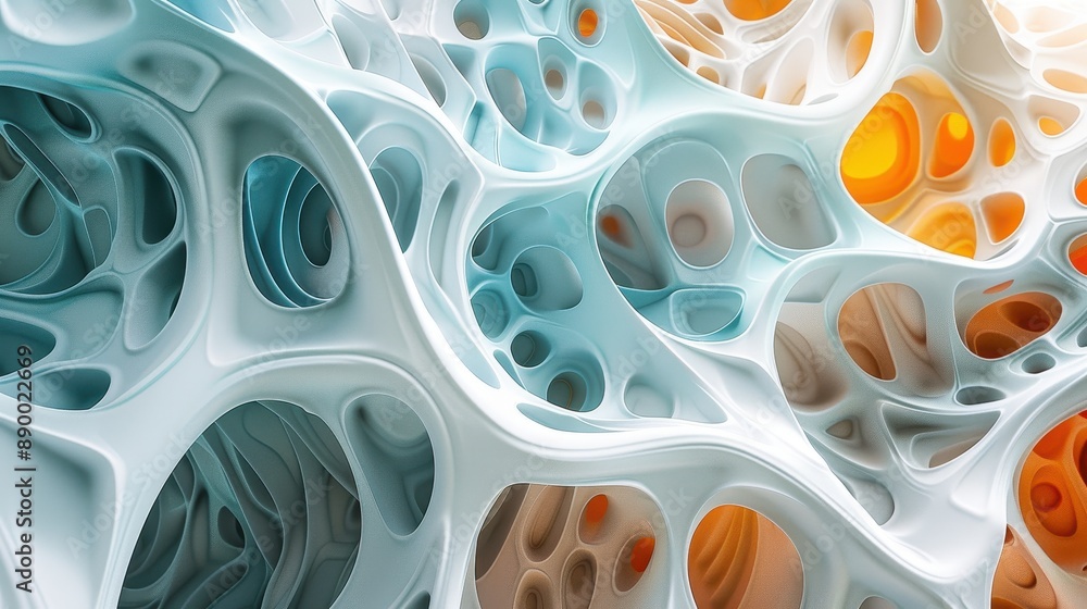 Poster an intricate abstract design featuring biomorphic shapes and structures in soothing pastel colors, e