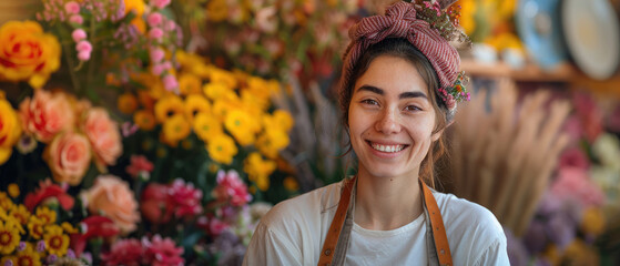 beautiful and smiling flower florist seller woman surrounded by bright blooming flowers around her and background