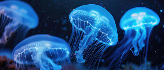 Glowing blue jellyfish creature swimming in underwater sea on dark ocean background