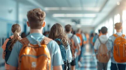 Students reunite with friends in a bustling school hallway after summer break.