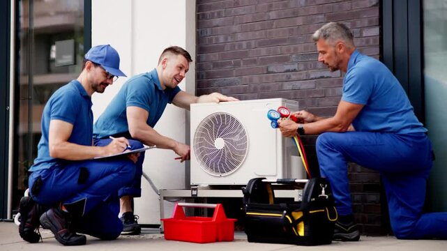 Skilled HVAC technician inspects commercial air conditioner for maintenance