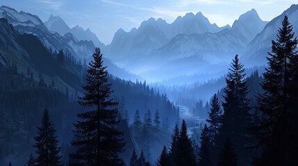 Obraz premium Blue silhouette mountain valley with pine trees in the foreground natural outdoor panorama