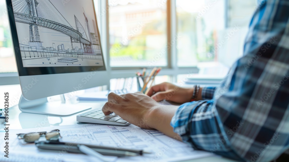 Aufkleber architect man using computer for drawing bridge design at modern office.