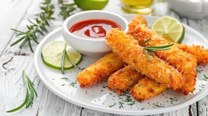 fried breaded mozzarella sticks served with dipping sauce lime slices and fresh rosemary on white plate on white wooden table with ingredients close up