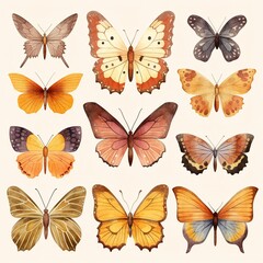 A set of watercolor butterflies with different colors and patterns