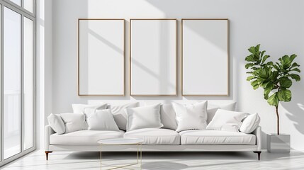 Interior decoration empty wooden vertical frames poster white canvas mock up on a white wall living room template angle view