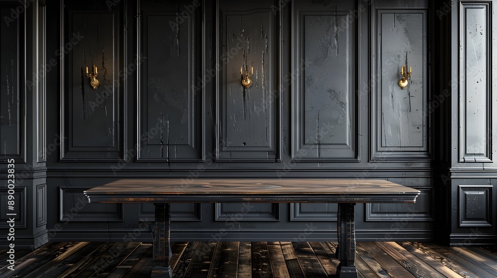 Poster elegant dark wood table for sophisticated product showcase with empty surface and copy space