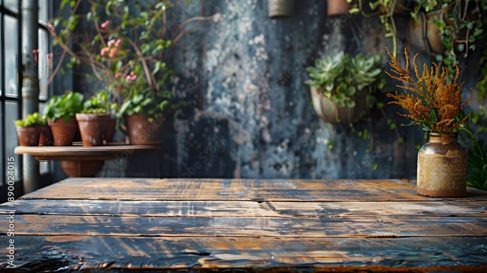 Poster vintage distressed wooden table in rustic setting for product showcase and display