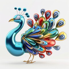 Naklejka premium Elegant Twisted Balloon Peacock in Vibrant Colors on White Background - Exotic Animal Balloon Art, generative Ai