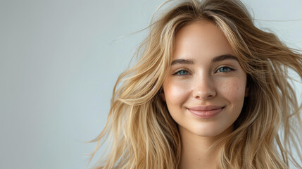 Fototapeta premium smiling face of beautiful blonde caucasian beauty woman model with long golden flowing hair in hair care product advertising style isolated white background