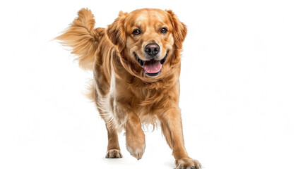 Playful Golden Retriever dog wagging his tail excitedly with bright expressive eyes and cheerful gesture walking forward isolated on white background 