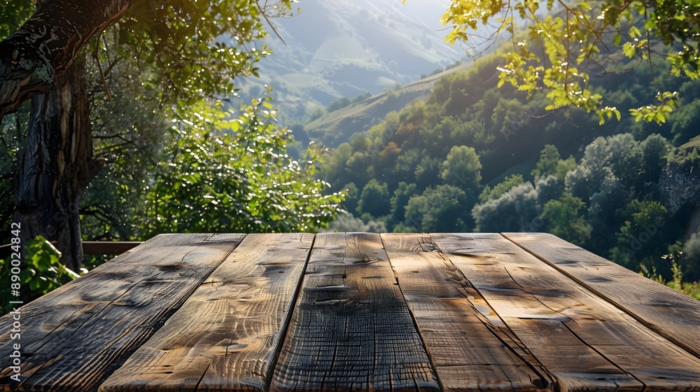 Poster rustic wooden table in serene outdoor setting with natural lighting and empty surface for product di