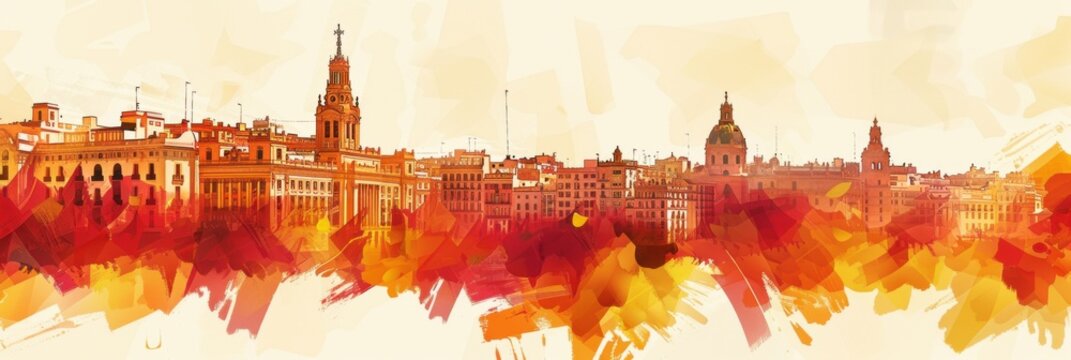 National Day of Spain. Vintage postcard. Panorama of Madrid and landmarks on a white background. Horizontal banner. Free space for text. Discovery of America by Columbus - Powered by Adobe