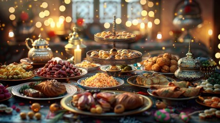 Obraz premium Ramadan iftars marks the end of fasting Table with dates Oriental food and sweets Eid mubarak Traditional Middle Eastern cuisine evening meal