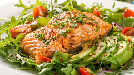 green salad with grilled salmon and avocado Oven cooked salmon steak fillet with avocado salsa on plate healthy food