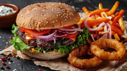 Gourmet beef burger with salad blue cheese sauce sweet potato fries onion rings and coleslaw
