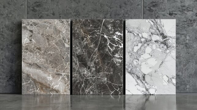 Kitchen countertop slabs presented as showroom walls made of granite marble and quartz They can be used for magazine or letter presentation Slabs can be fabricated for tile floor or bathroom vanity