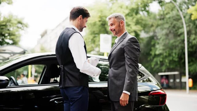 Smiling Businessman Receives Car Key from Valet on City Street