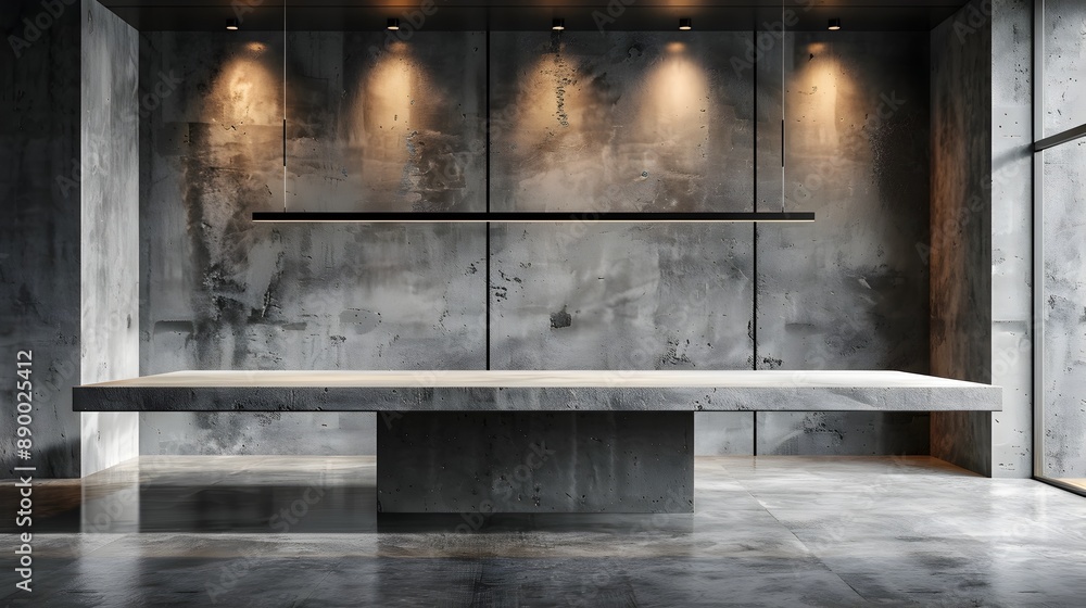 Poster sleek modern concrete table in urban loft setting with empty space for product display