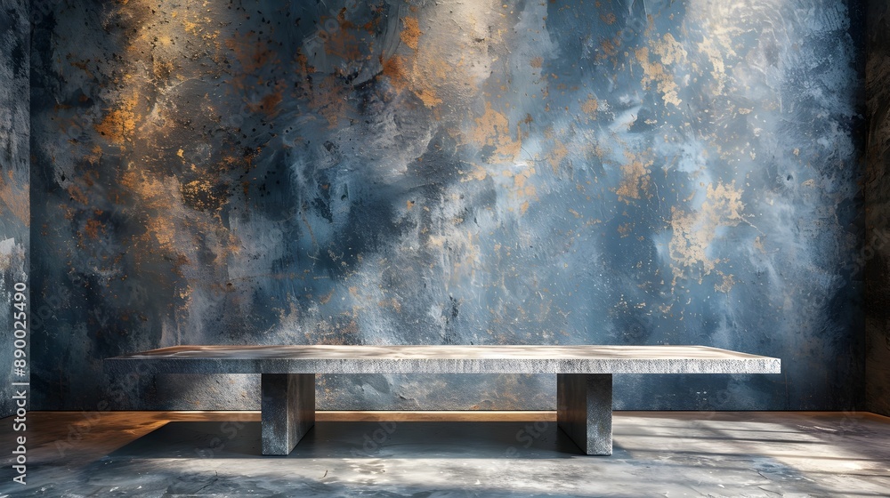 Poster sleek concrete table in modern loft setting for product display and presentation