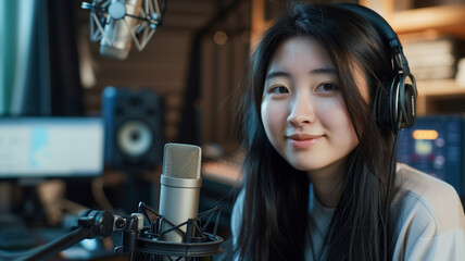 A woman with headphones are happily recording a podcast in a cozy studio, surrounded by warm lighting and plants.