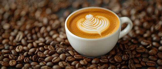 A cup of hot cappuccino coffee with latte art cream surrounded by roasted coffee beans around it