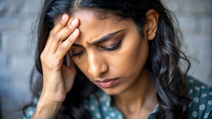 Obraz premium Depressed and Frustrated Young Indian Woman Suffering from Headache and Migraine: Causes, Symptoms, and Solutions