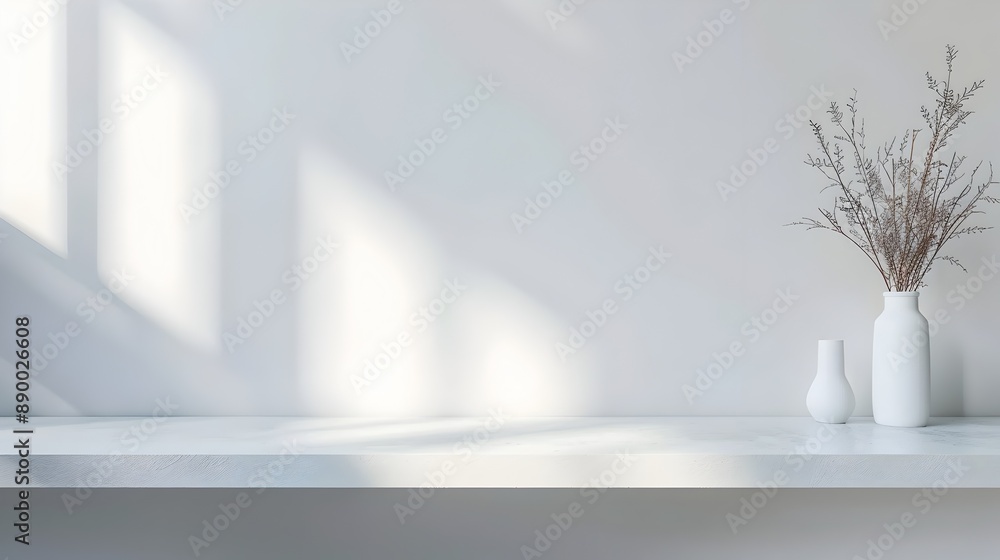 Poster minimalist white table with bright backdrop for clean product display and copy space