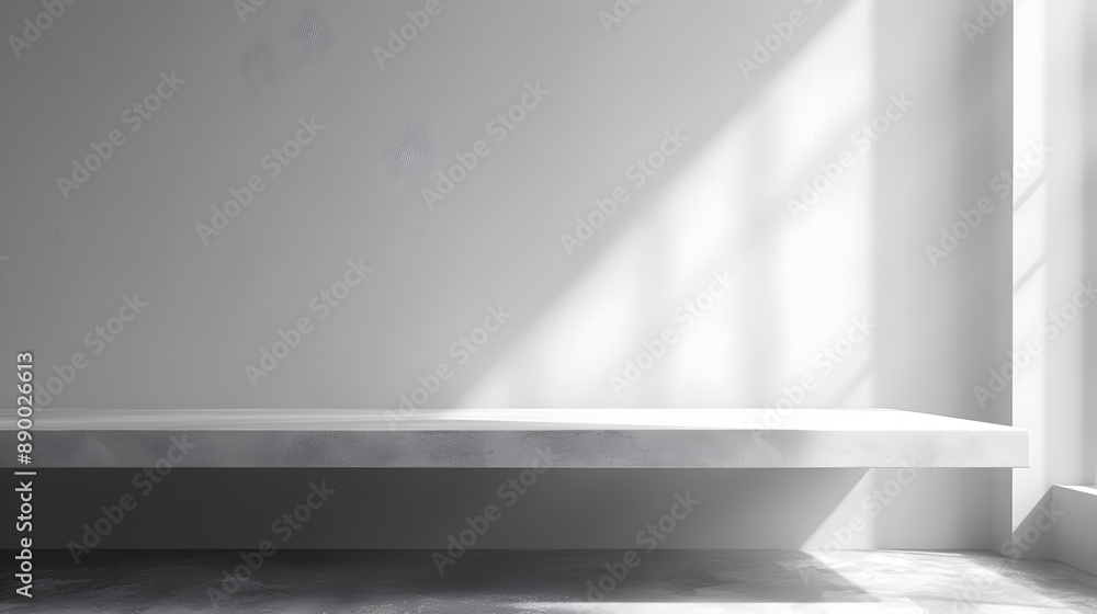 Poster Minimalist White Table with Bright Backdrop for Crisp Product Display and Copy Space