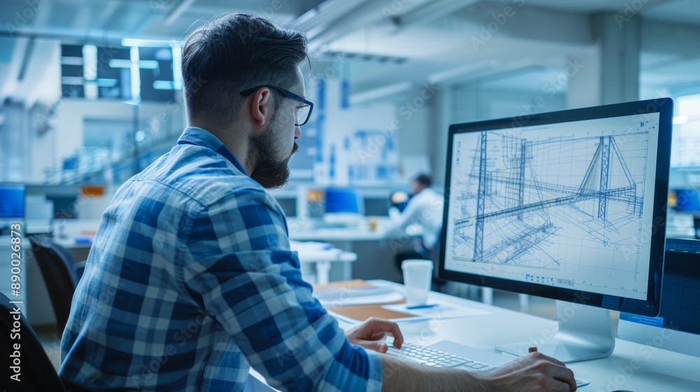 Aufkleber architect man using computer for drawing bridge design at modern office.