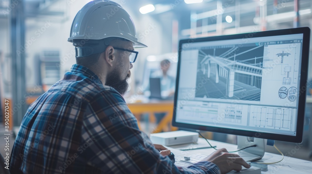 Aufkleber architect man using computer for drawing bridge design at modern office.