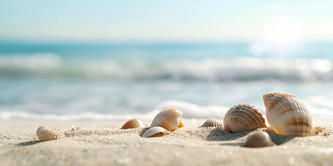 seashell on the beach . Seashells on Sandy Beach, Coastal Shell Collection, Serene Beach Scene, Ocean Shore with Shells
