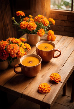 two cups of mexican atole hot chcocolate on a table with marigold flowers on vase