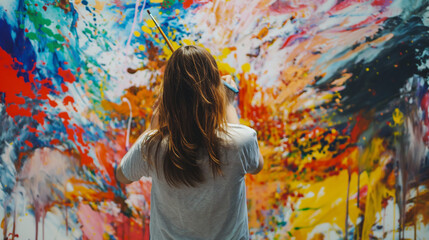 A woman painting a large canvas with bold, colorful strokes, set against a backdrop filled with splashes of paint and art supplies