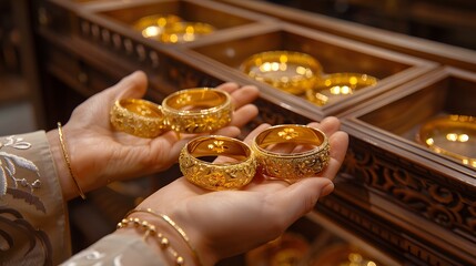 Gold bangles are held in hands. View of the hand