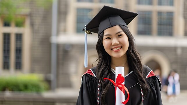 Young Asian graduate girl proudly holding her graduation degree, standing in front of a university building during the convocation ceremony. The focus is on her beaming smile and academic regalia.