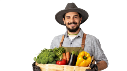 Smiling man in a hat holding a crate of fresh vegetables, including broccoli, carrots, bell peppers, and tomatoes. The image conveys a sense of organic farming and healthy living.
