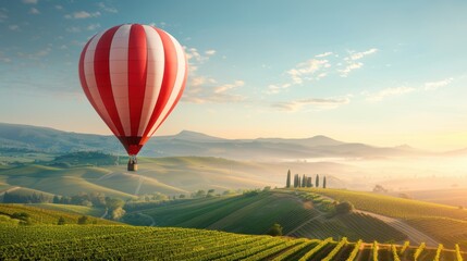 Fototapeta premium A hot air balloon floating gracefully over a valley, with rolling hills and vineyards below.