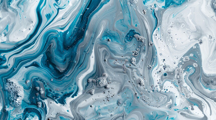 Naklejka premium Abstract gray and blue marble liquid texture with silver splashes, acrylic pour art flowing swirl and texture fantastic detail organic combining colors luxury background 