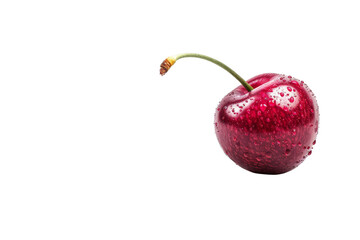 Fresh cherry with a vibrant red hue isolated on a white background, showing a close-up side view with stem attached